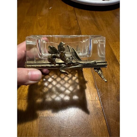 Vintage Mid Century modern MCM Thick Glass with Gold Tone Floral Holder Ashtray - Picture 1 of 12